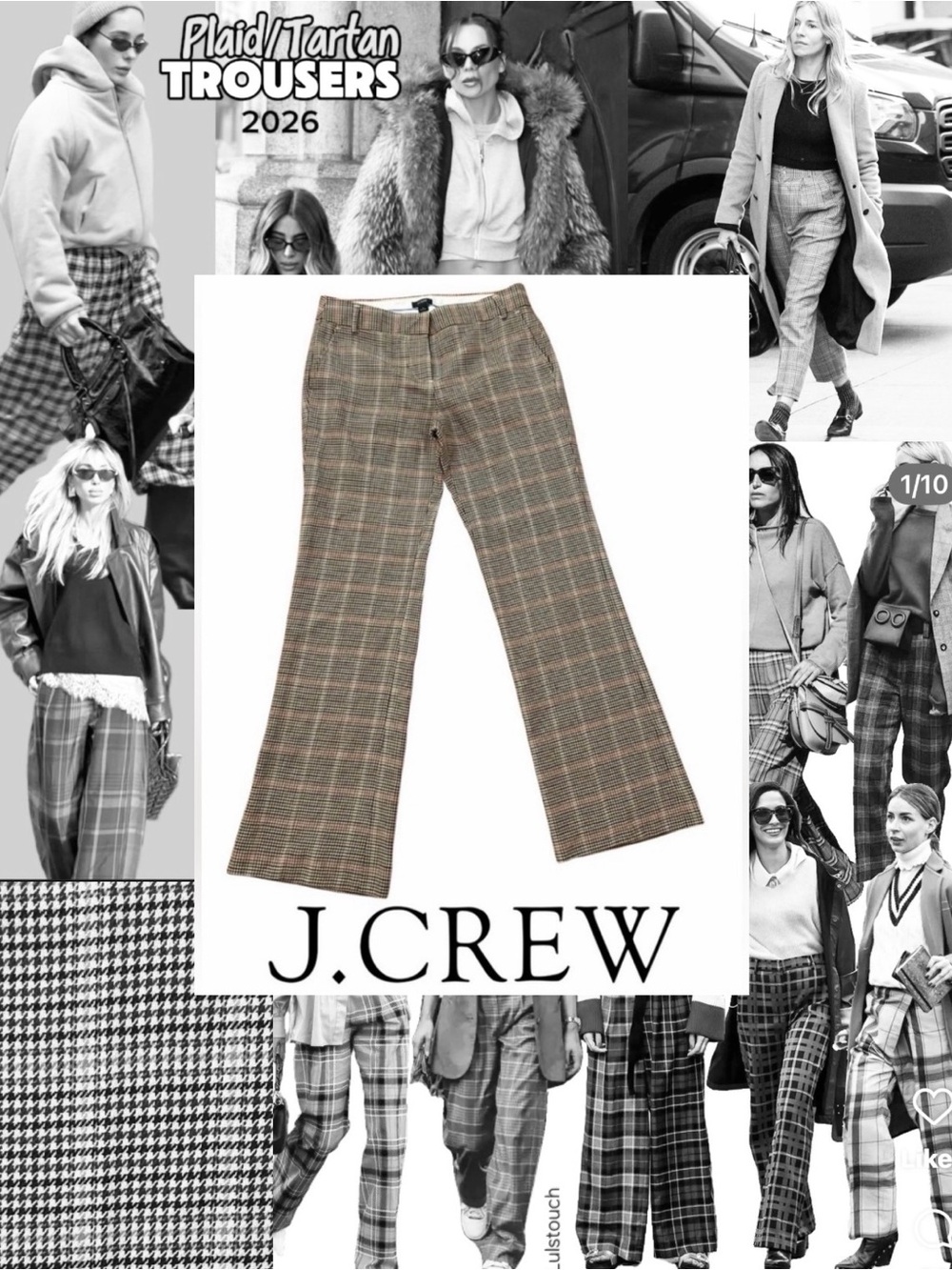 J.Crew - Tweed Houndstooth Plaid Flare Pants Brown & Black, Size 4